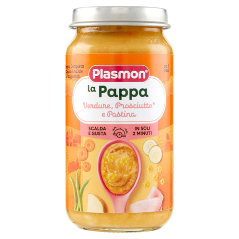 3x PLASMON La Pappa Verdure prosciutto e pastina Aliment homogénéisé pour bébé à base de légumes, jambon, pâtes 200 g