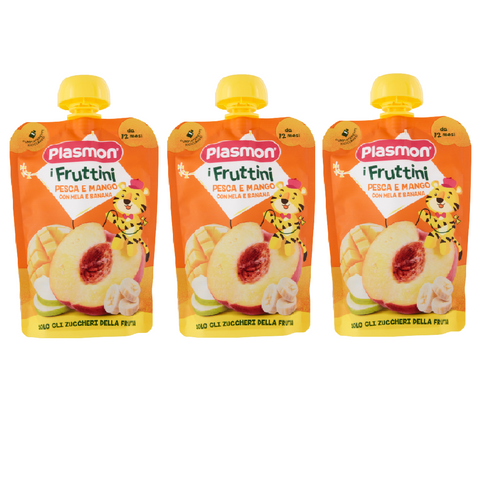 3x Plasmon I Fruttini Pesca e Mango con mela e banana Snack pêche et mangue avec pomme et banane 130gr