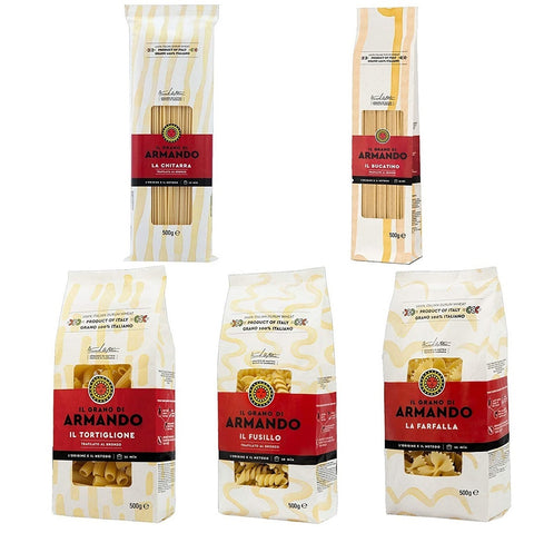 Test pack Pasta Armando 100% Italian Bucatino Chitarra Farfalla Fusillo Tortiglione 5x 500g