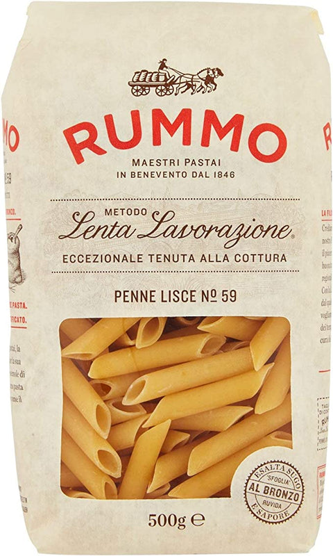 Rummo Penne Lisce N°59 Lenta Lavorazione Pâtes de Semoule de Blé Dur 500g Dessin Bronze