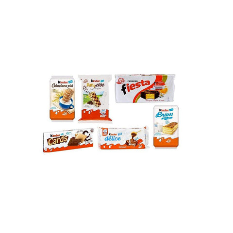 Test Pack Kinder Ferrero 5+1 snacks italiens Brioss Colazione più Panecioc Delice Fiesta & Cards