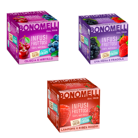 Testpacket Bonomelli Infusi Fruttosi Ciliegia e mirtillo, Lampone e ribes rosso e Uva nera e fragola 3x 10 filters